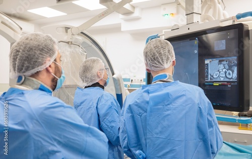 Three masked healthcare professionals in blue scrubs and hairnets intensely study a large medical scan. They are in a sterile operating room, likely performing interventional radiology