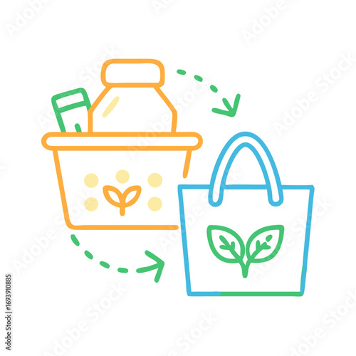 Eco-friendly Lifestyle Cycle: Reusable Shopping Bag and Recycling Bin Concept with Arrows