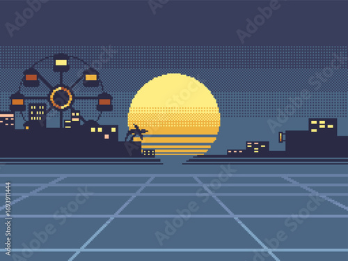 Retro Sunthwave Style Coastal City in Blue Night with Sunset Circle and Perspective Grid, Pixel Art Style