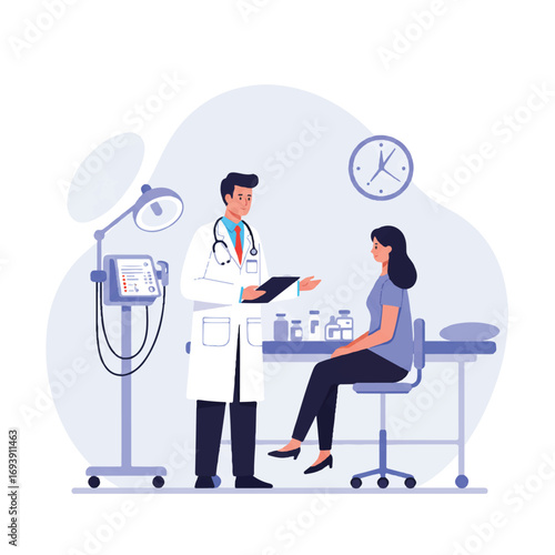 Male doctor consults female patient on an examination table with medical equipment in the background, depicted in a clean, simplified 2D flat vector illustration style.