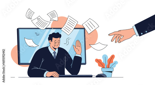 Business professional overwhelmed with documents during virtual meeting and seeking assistance