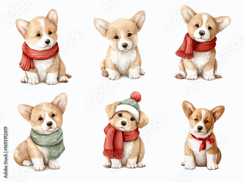 Cute corgi puppies for Christmas and New Year. Watercolor holiday dogs with scarf, hat, gift, wreath and bell. Collection of Vector illustrations. Perfect for invitation, card, poster, banner, decor