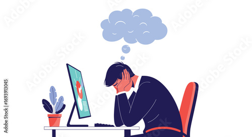 Man sits at a desk thinking about his problems while looking at a computer screen illustrating mental health challenges and stress