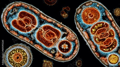 Microscopic dreamlike view inside a cell, with mitochondria as tiny glowing power plants recharging at night.