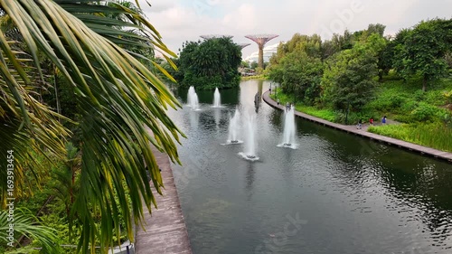 SINGAPORE, SINGAPORE - 27th SEPTEMBER 2024: Static clip of Dragonfly Lake and Silver Garden in Gardens By The Bay, Singapore. Taken from Bridge