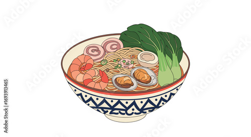 Delicious hearty seafood noodle bowl topped with fresh greens and exotic ingredients