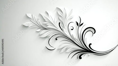 Elaborate layered floral scroll design, in black and white, representing elegant nature and decorative artistry with copy space.