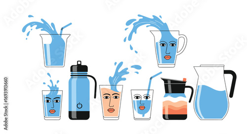 Expressive glassware and pitcher featuring anthropomorphic faces and splashing water