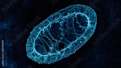 Microscopic dreamlike view inside a cell, with mitochondria as tiny glowing power plants recharging at night.