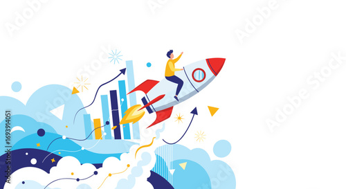 Illustration of a business professional riding a rocket ship towards growth and success with financial charts ascending skyward