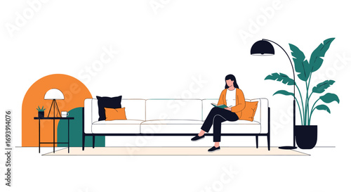 Relaxing woman enjoys quiet time on comfortable sofa in a stylish modern living room decorated with plants and artwork