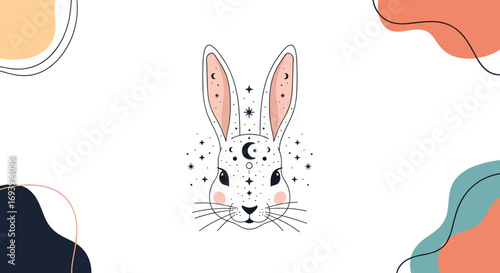 A celestial rabbit artwork featuring mystical symbols and abstract organic shapes in a boho style