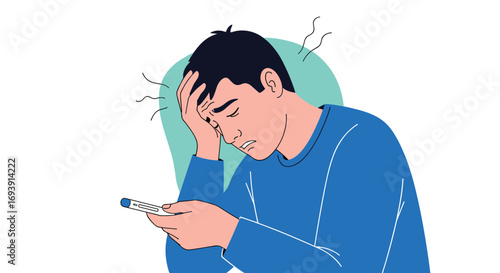 Man feeling unwell with a fever holding a thermometer and looking at his phone with a worried expression