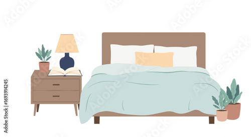 Cozy bedroom scene with bed nightstand plants and reading lamp for relaxation and rest