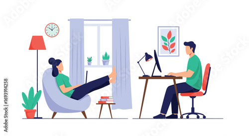 Couple working from home in separate spaces enjoying productivity and comfort
