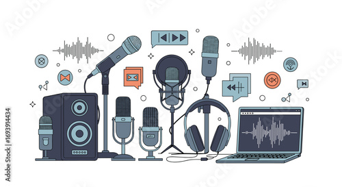 Creative studio setup for podcasting and audio recording with microphones speakers headphones and laptop illustrations