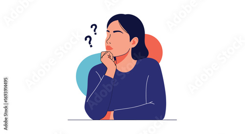 Woman with question marks above her head thinking about something deeply contemplating a difficult decision or problem