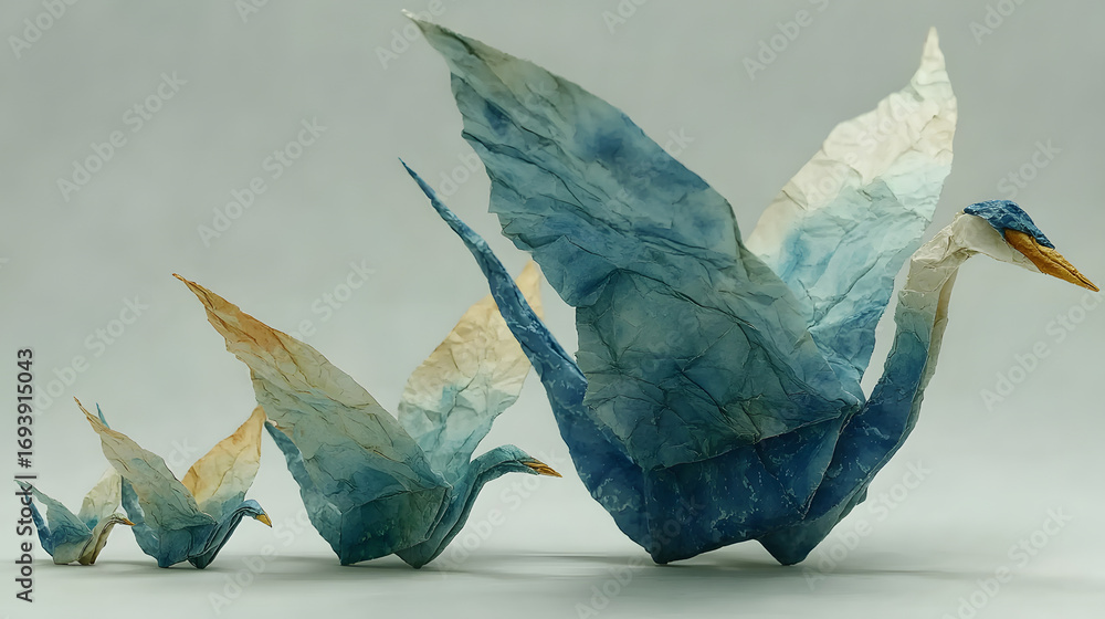 Obraz premium Origami Metamorphosis Crumpled Paper to Boat to Swanto Flying Bird Transformaton, White Background, Growh Concept