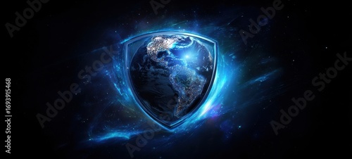 Fototapeta Naklejka Na Ścianę i Meble -  The Earth Shielded by a Futuristic Blue Cybersecurity Aura in Space