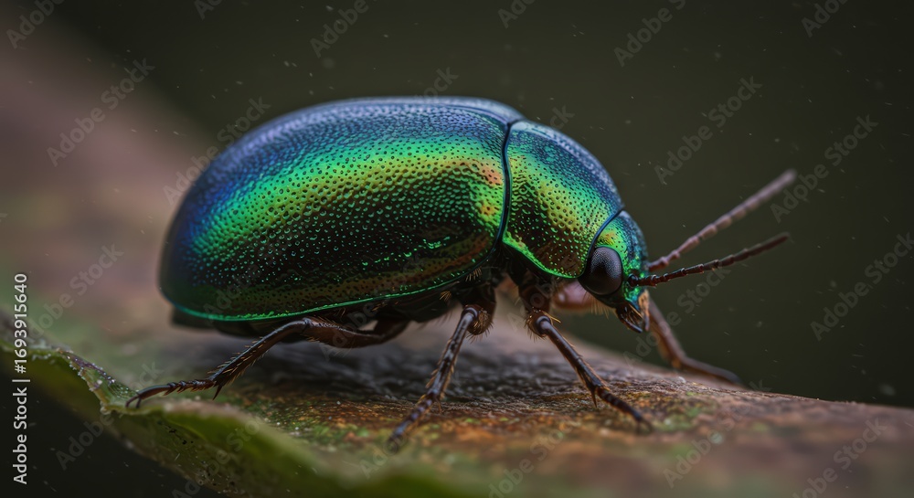 Fototapeta premium Emerald beetle on leaf closeup