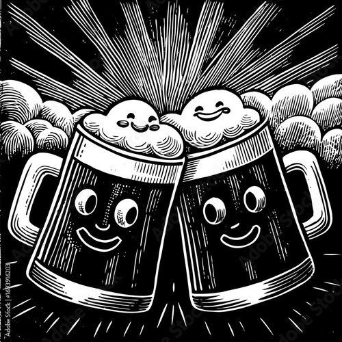 Cheers to Fun: A whimsical illustration of two beer mugs clinking together in a celebratory toast, radiating joy and merriment with an engraved retro style.