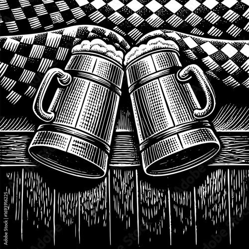 Cheers to Celebration: Artistic illustration of two mugs clinking together in a jovial toast. Perfect for celebrating any occasion, evokes joy and festivity. 
