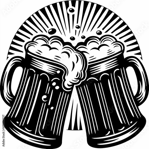 Cheers to Celebration: Two full beer mugs clink, creating an atmosphere of jovial celebration and the simple joy of a shared experience.