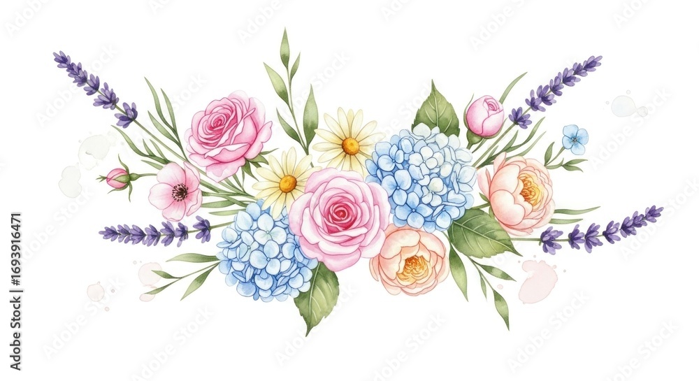 Fototapeta premium Watercolor bouquet with pink roses, blue hydrangeas, lavender, and daisies on a white background