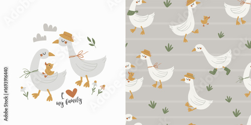 Vector baby's set of poster and seamless pattern with cute geese. Perfect for kids bedding, fabric, wallpaper, wrapping paper, textile, t-shirt print.