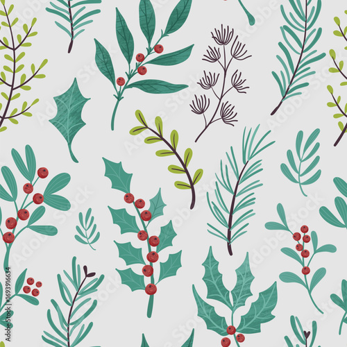 Vector seamless pattern with floral branches and berries. Perfect for Christmas paper, fabric and gift designs
