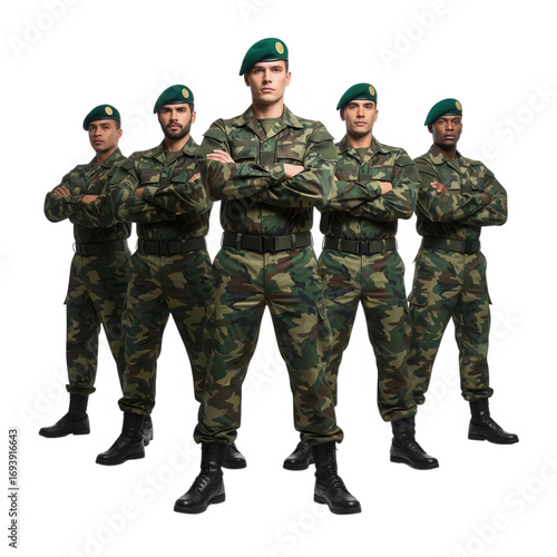 Five elite soldiers in camouflage uniforms standing ready with determination and strength transparent background