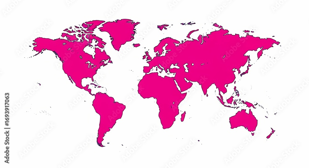 Fototapeta premium Bright Pink World Map Silhouette on a Clean White Background.