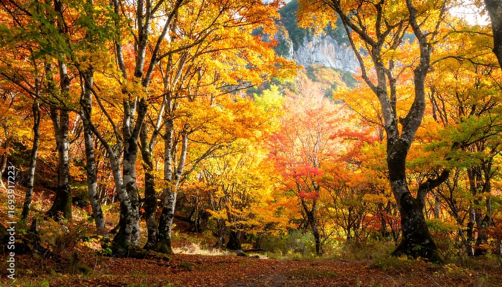 Naklejka premium Autumn forest bathed in sunlight