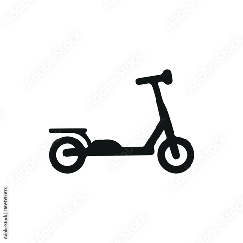 Simple silhouette icon of an electric scooter in black and white minimalist style. Perfect for transportation apps, navigation maps, or modern graphic needs