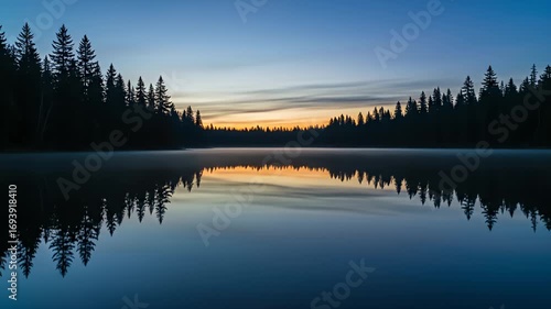 Silhouetted trees border calm lake, reflecting an orange-streaked dawn sky