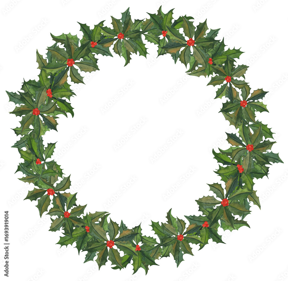 Fototapeta premium Watercolor winter Christmas wreath frame with holly leaves and berries, hand-painted. Perfect for holiday cards, invitations, and festive designs.