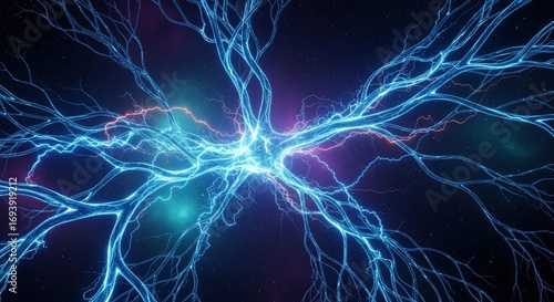 A luminous branching energy network with bright blue electrical currents and red sparks against a dark star-filled cosmic background