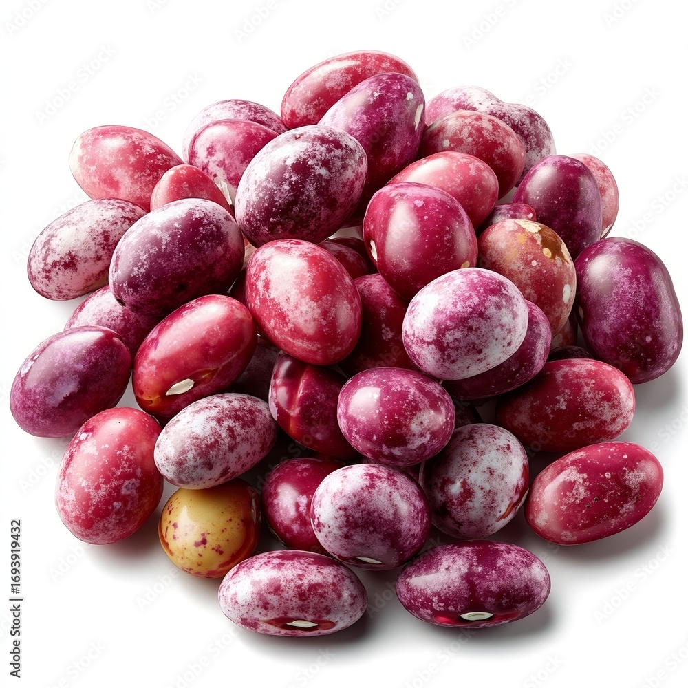Obraz premium A pile of red and white olives on a white background
