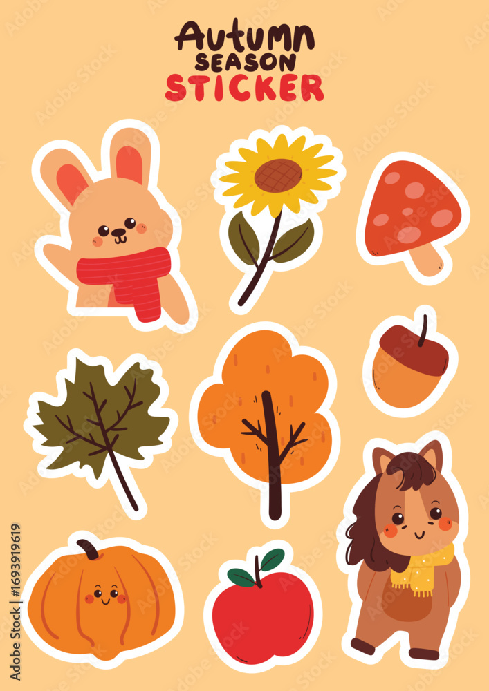 Obraz premium cute hand drawing cartoon bunny and horse with autumn fall vibe. cute autumn element for sticker