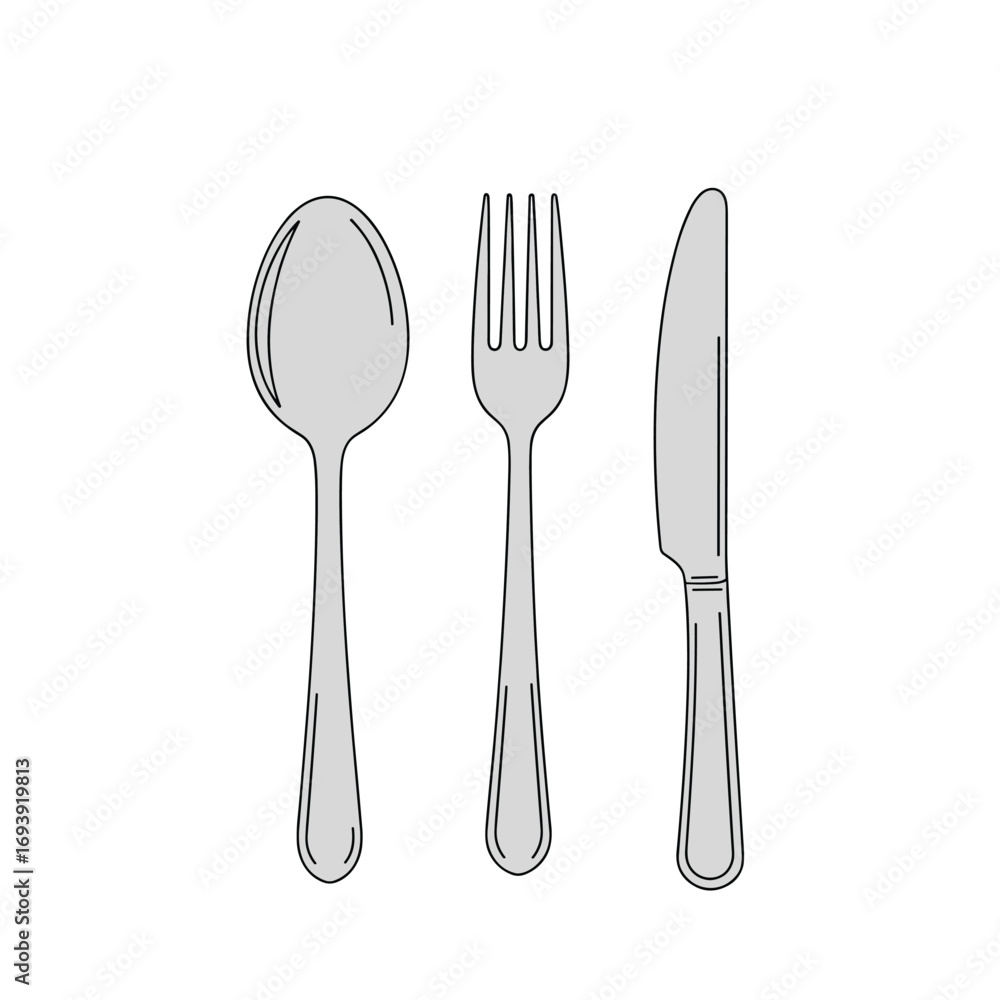 A collection of classic eating utensils showing a spoon fork and knife arrangement A collection of classic eating utensils showing a spoon fork and knife arrangement