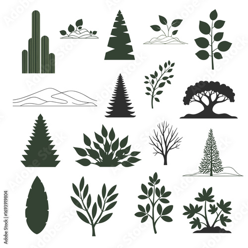 Collection of diverse green tree and plant silhouettes for nature landscape design elements