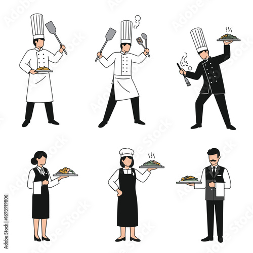 Professional chefs and waitstaff presenting delicious culinary creations in a restaurant setting