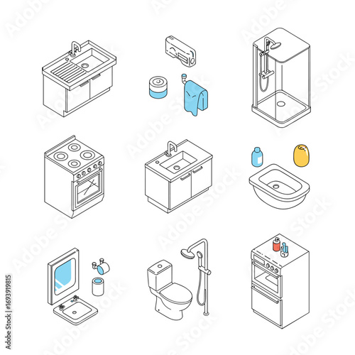 Illustrations of various bathroom fixtures and accessories for home renovation and interior design projects