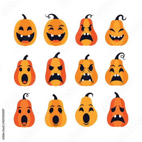 Collection of halloween pumpkins with various expressive carved faces displayed in rows