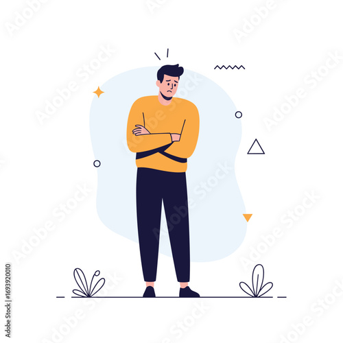 Frustrated man standing arms crossed looking down feeling disappointed and sad