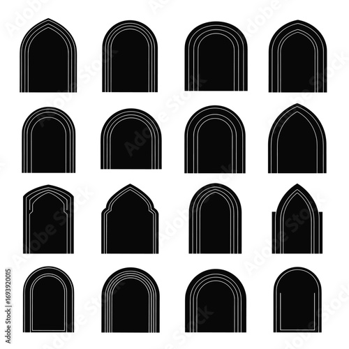 Collection of various gothic arch window frame designs architectural elements isolated on white background