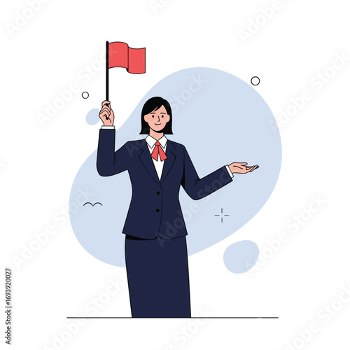 Successful businesswoman holding a red flag and pointing forward with confident leadership and strategic planning