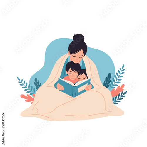 Mother reads a story to her children under a cozy blanket illustration