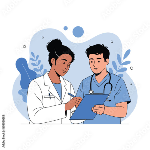 Two doctors discussing medical information on a clipboard together