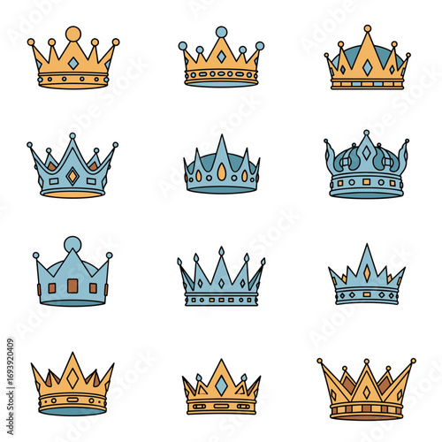 Collection of regal crowns symbols representing royalty power authority leadership prestige and royalty